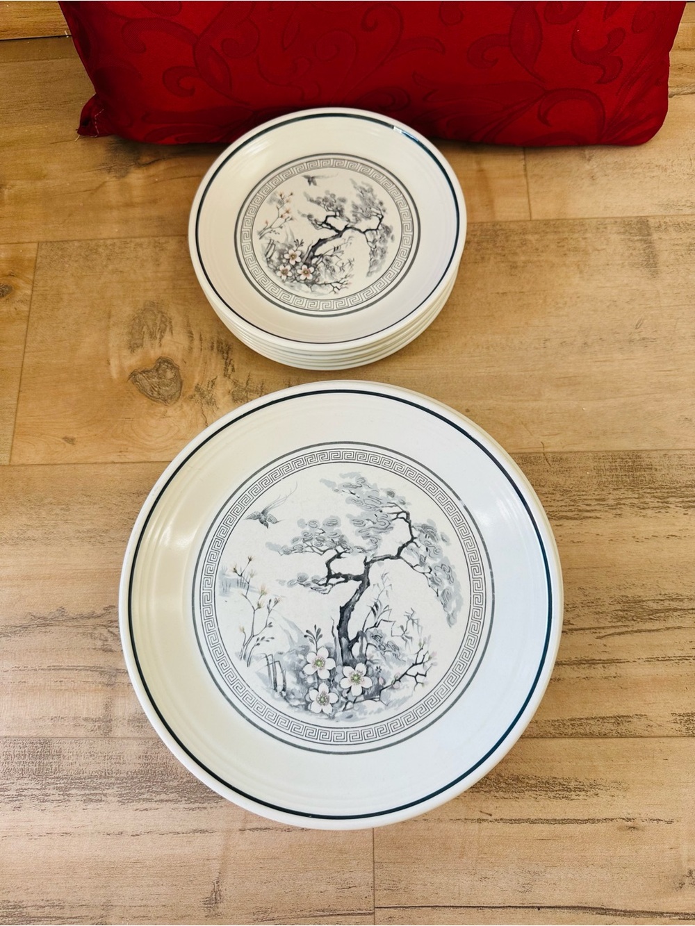 Royal Doulton Asian Dawn Lambethware Plate Set Of 4 Gray Black Tree Pink Flower